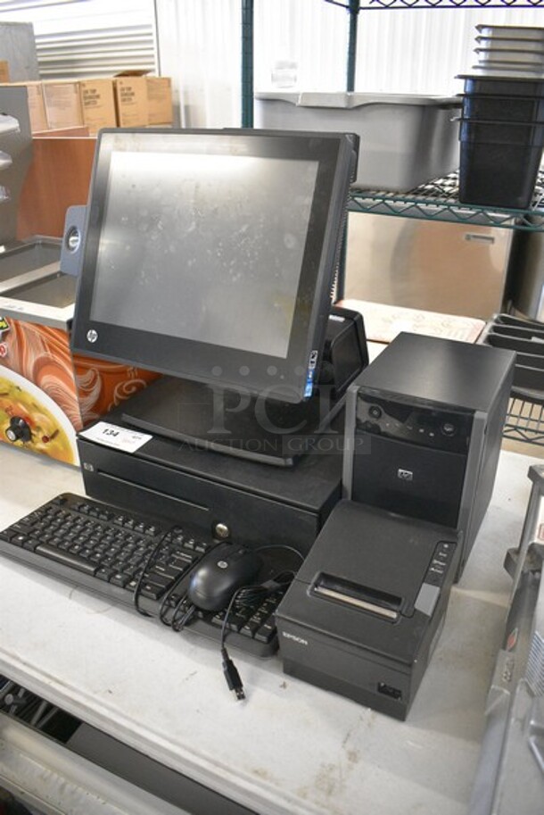ALL ONE MONEY! Lot of 15" HP POS Monitor, HP UPS T750 Tower,  Epson Model M244A Receipt Printer, HP Metal Cash Drawer, Keyboard and Mouse. - Image 2 of 9