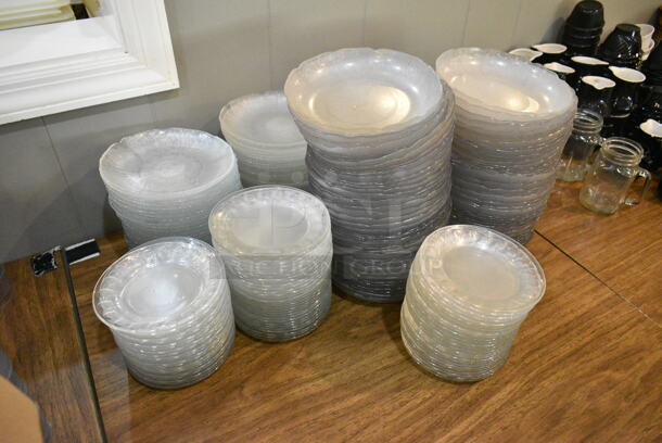 Wood Pattern Dining Height Table w/ Contents Including Clear Salad Plates. (main dining room) - Image 4 of 4