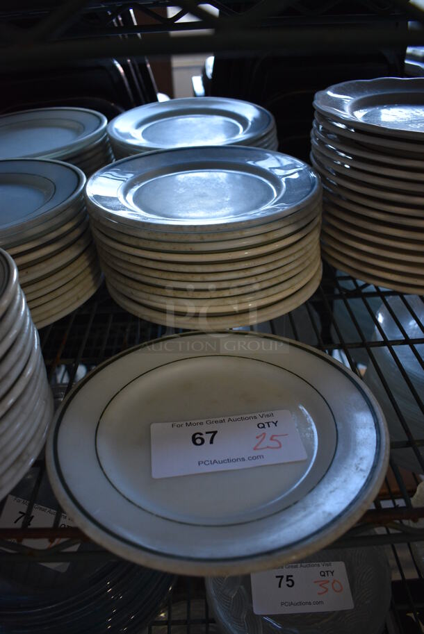 25 White Ceramic Plates w/ Green Lines on Rim. 9x9x1. 25 Times Your Bid!