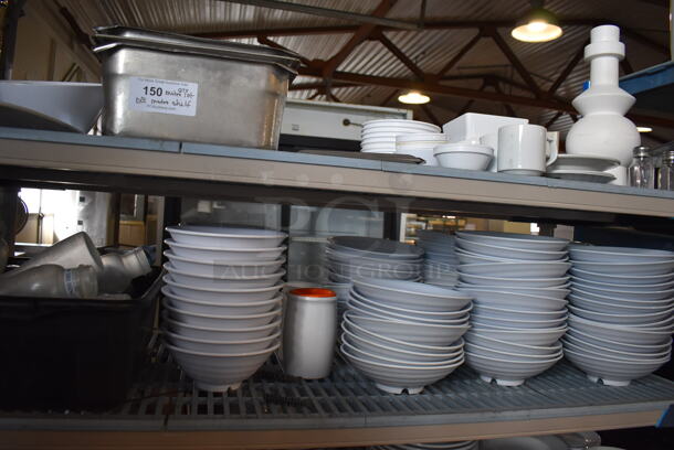 ALL ONE MONEY! Lot of Contents of Shelving Unit Including Stainless Steel Drop In Bins, Bowls, Plates, Bus Bins and Muffin Baking Pans. Does Not Include Shelving Unit.  - Image 2 of 12