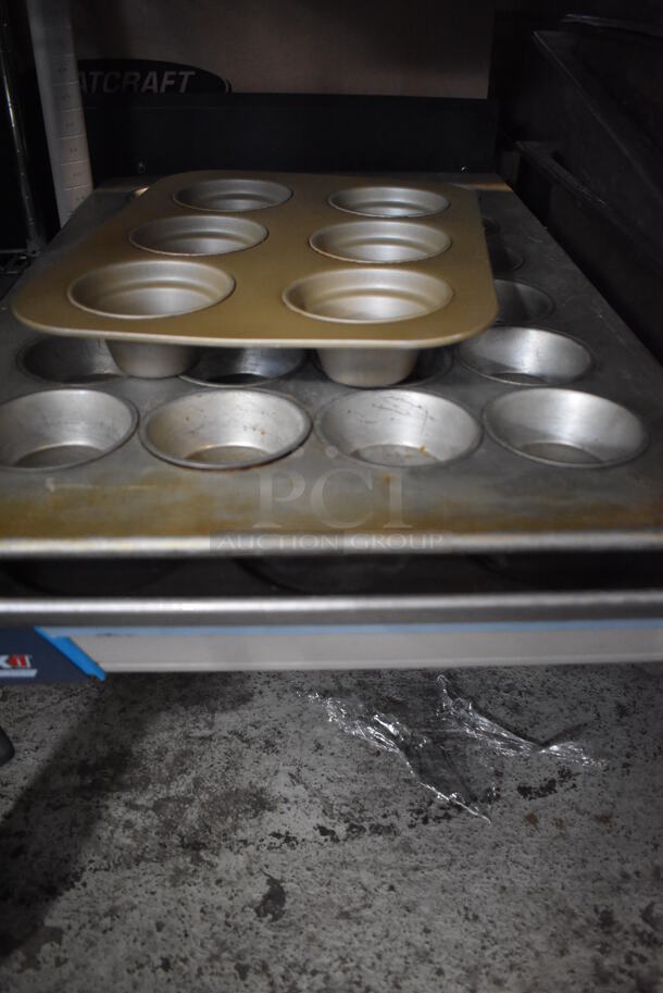 ALL ONE MONEY! Lot of Contents of Shelving Unit Including Stainless Steel Drop In Bins, Bowls, Plates, Bus Bins and Muffin Baking Pans. Does Not Include Shelving Unit.  - Image 5 of 12