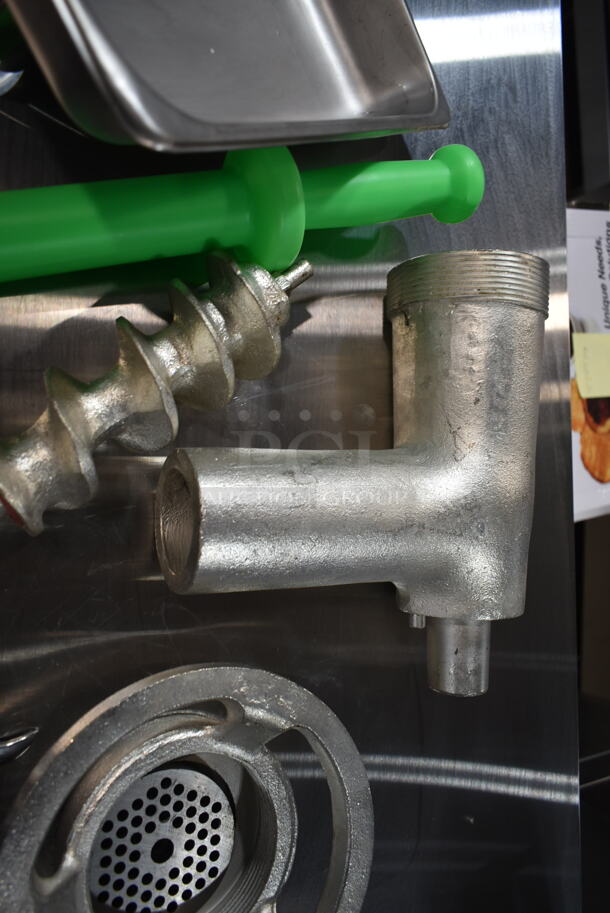 BRAND NEW SCRATCH AND DENT! Metal Commercial Meat Grinder Attachment w/ Tray and Pusher. See Pictures for Crack on Underside - Image 4 of 8