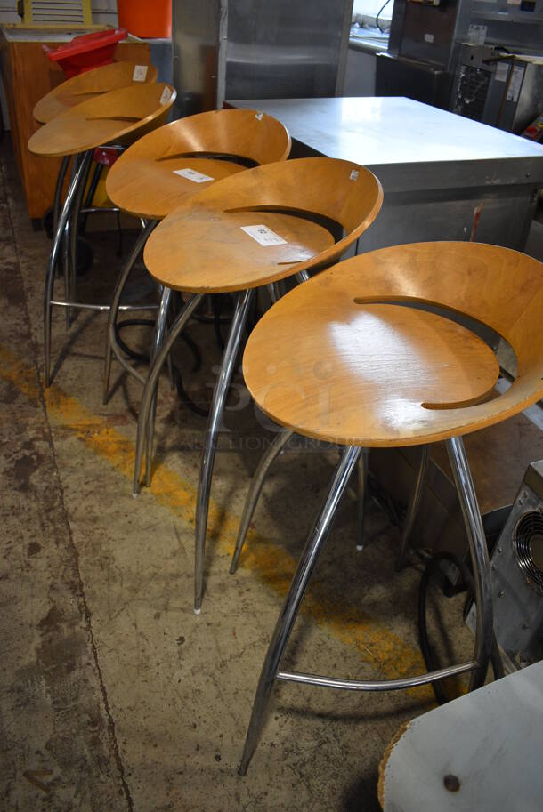 3 Wooden Bar Height Stools on Chrome Finish Legs. 18x18x36.5. 3 Times Your Bid! - Image 3 of 3