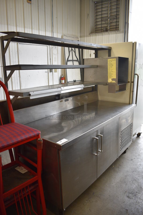 Stainless Steel Commercial 2 Door Work Top Cooler w/ 3 Over Shelves. 72x32x72. Tested and Working!