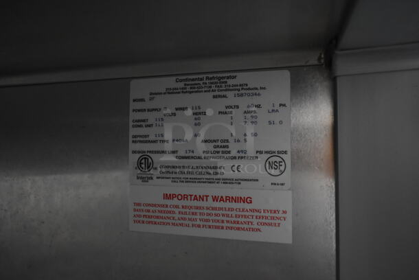 2018 Continental 2F Stainless Steel Commercial 2 Door Reach In Freezer w/ Poly Coated Racks on Commercial Casters. 115 Volts, 1 Phase. Tested and Working! - Image 8 of 8