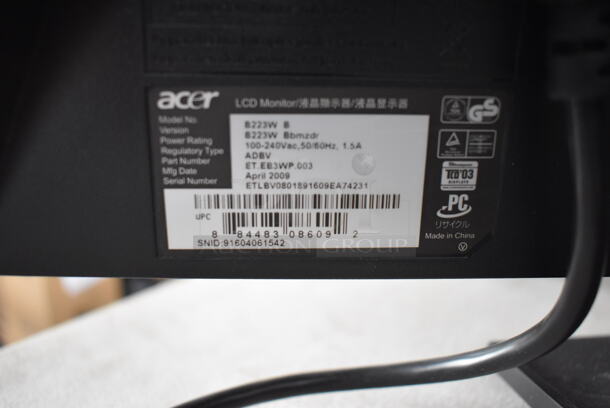 3 Acer B223W B 22" Computer Monitors. 100-240 Volts, 1 Phase. 3 Times Your Bid! - Image 6 of 7