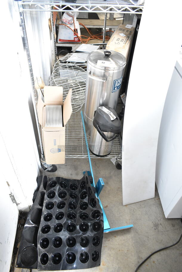 ALL ONE MONEY! Lot of BRAND NEW SCRATCH AND DENT! Various Items Including Vollrath 5220 Wear-Ever Aluminum Bun/Sheet Pan - 1/4 Size, 16 Gauge, Curled Rim, 9 1/2" x 13", 2 Box Safco 4161 Satin Metal Three-Peg Coat Hook / Wall Rack, Avantco 3.5 Liter Stainless Steel Lined Airpot with Lever, 423PDW12D2S Rack for Warmer, Cecilware Stainless Steel Beverage Holder.  - Image 1 of 12