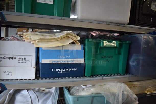 ALL ONE MONEY! Lot of 4 Tiers Worth of Various Items Including Tablecloths! Does Not Include Shelving Unit - Image 3 of 12