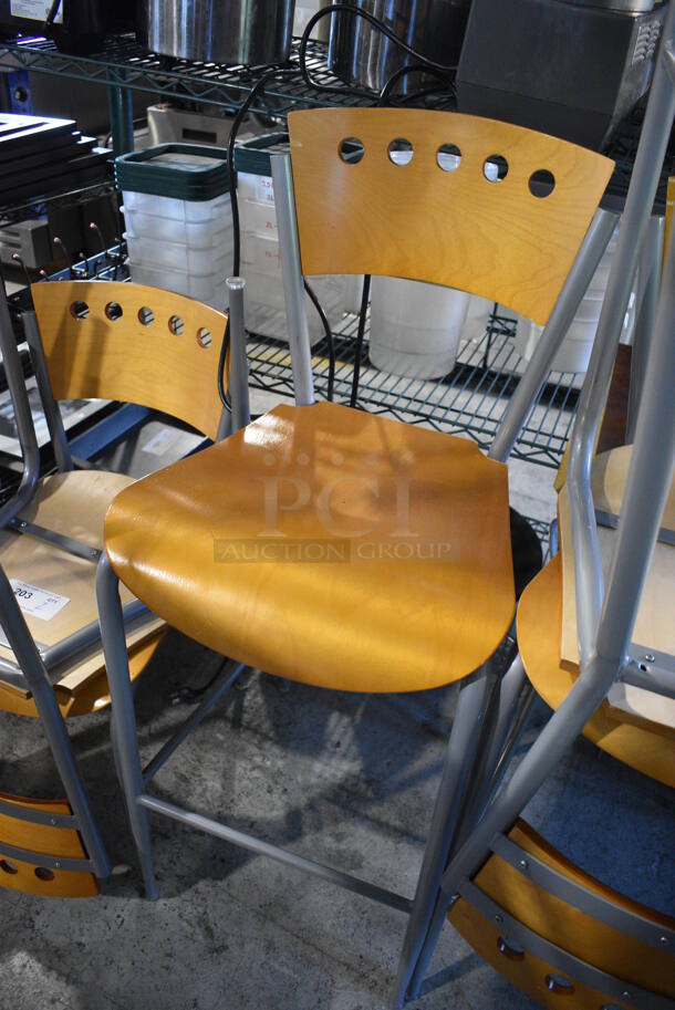 2 Wooden Bar Height Chairs on Gray Metal Frame. Stock Picture - Cosmetic Condition May Vary. 17x16x43. 2 Times Your Bid! - Image 3 of 3