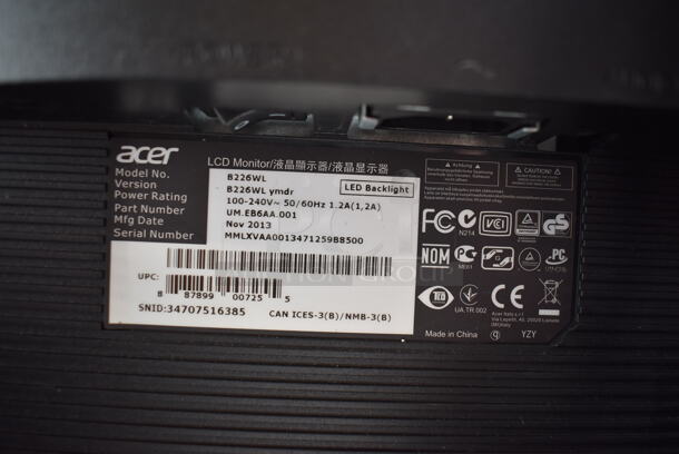3 Acer B226WL 22" Computer Monitors. 100-240 Volts, 1 Phase. 3 Times Your Bid! - Image 5 of 6