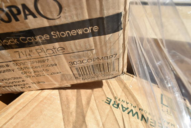 PALLET LOT of 12 BRAND NEW Boxes Including 3 Box 303COPMBP7 Acopa 7 1/4" Matte Black Stoneware Coupe Plate - 36/Case, 50016W Choice 16 oz. White Poly Paper Hot Cup - 1000/Case, C57PST1 Dart ClearSeal Hinged Lid Plastic Container 6" x 5 13/16" x 3" - 500/Case, 190H10LVS12OZ 10 Lane Universal Gravity Feed Bottle Organizer for 12 oz. to 16 oz. Bottles with Low Rings. 12 Times Your Bid!  - Image 5 of 12