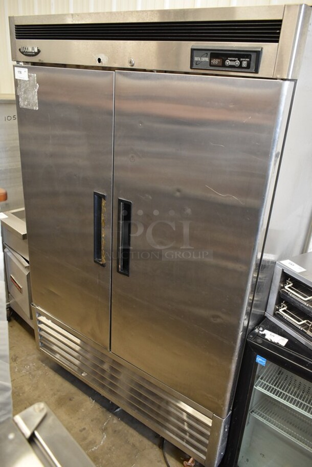 Turbo Air MSR-49NM Stainless Steel Commercial 2 Door Reach In Cooler w/ Poly Coated Racks on Commercial Casters. 115 Volts, 1 Phase. Cannot Test, Unit Trips Breaker
