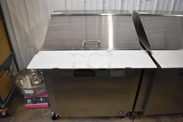 LIKE NEW! 2022 Hoshizaki SR36B-15M Stainless Steel Commercial Sandwich Salad Prep Table Bain Marie Mega Top on Commercial Casters. Unit Was Used a Few Times at a Trade Show as a Demonstration. 115 Volts, 1 Phase. 36x37x45. Tested and Working!