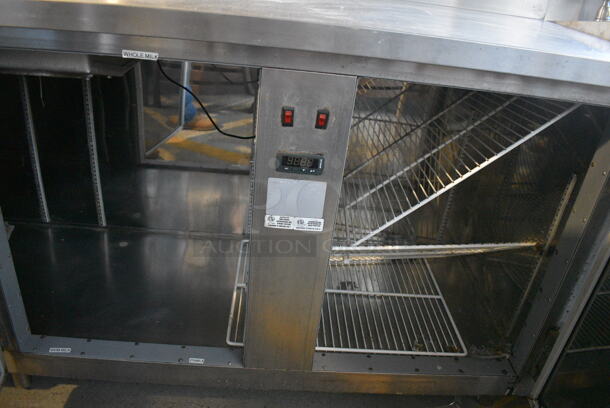 CustomCool Stainless Steel Commercial Work Top 4 Door Cooler w/ Backsplash. 96.5x24.5x45. Tested and Powers On But Does Not Get Cold - Image 3 of 6
