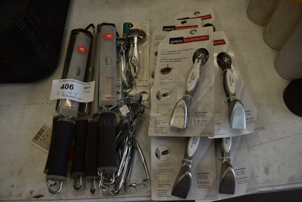 ALL ONE MONEY! Lot of Various BRAND NEW! Stainless Steel Utensils; 6 Zesters, 3 Measuring Cup Sets, 4 Cherry Pitters and 5 Measuring Spoon Sets.