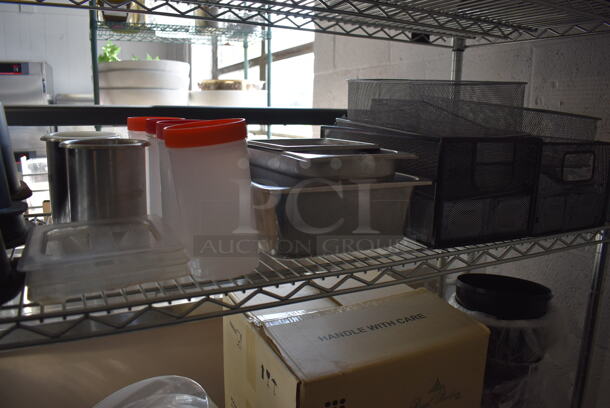 ALL ONE MONEY! Lot of Chrome Finish 5 Tier Shelving Unit w/ Contents Including Poly Cake Stand Covers, Mesh Bins, Metal Buckets, Stainless Steel Drop In Bins, Wooden Boxes and Silverware. BUYER MUST DISMANTLE. PCI CANNOT DISMANTLE FOR SHIPPING. PLEASE CONSIDER FREIGHT CHARGES. 49x18x77 - Image 2 of 12