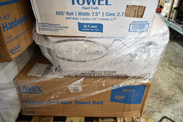 PALLET LOT of 43 BRAND NEW Boxes Including 500AL301BALL Ball 9 oz. Customizable Aluminum Cup with Ball Logo Design - 645/Case, 394325L Noble NexGen Powder-Free Disposable Blue Hybrid 3 Mil Thick Gloves - Large - 1000/Case, 128HD32COMBO ChoiceHD 32 oz. Microwavable Translucent Plastic Deli Container and Lid Combo Pack - 240/Case, 130ROLLKFSSH Visions 18" x 15 1/2" Pre-Rolled Linen-Feel White Napkin and Hammersmith Heavy Weight Silver Plastic Cutlery Set - 100/Case, 128HD16BULK ChoiceHD 16 oz. Microwavable Translucent Plastic Deli Container - 480/Case, 2 Box 5001RT800B Lavex 8" White Hardwound Paper Towel, 800 Feet / Roll - 6/Case, 5001RTSELNAT Lavex Select 1-Ply Natural Kraft Paper Towel Roll, 665 Feet / Roll - 6/Case, Dart 85HTB1R 8" x 8" x 3" Black Foam Square Take Out Container with Perforated Hinged Lid, 50010CAFE Choice 10 oz. Cafe Print Poly Paper Hot Cup - 1000/Case, 407CPAN62A Choice 6" x 2" Round Straight-Sided Aluminum Cake Pan, 612527PCO Choice 7" Round Standard Weight Foil Take-Out Pan with Dome Lid, 561L850YL Creative Converting 013014 100' Mimosa Yellow Disposable Plastic Table Cover, 176BD5BR Choice 5 Gallon Brown Beverage / Juice Dispenser. 43 Times Your Bid!  - Image 12 of 12