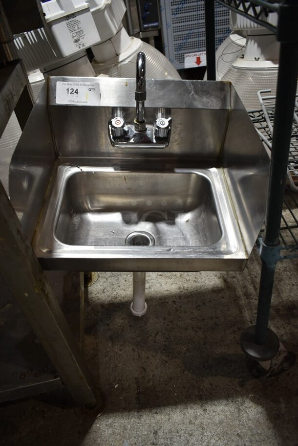 Stainless Steel Single Bay Wall Mount Sink w/ Faucet, Handles and Side Splash Guards. 