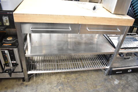 Butcher Block Table w/ 2 Drawers and Under Shelf. 