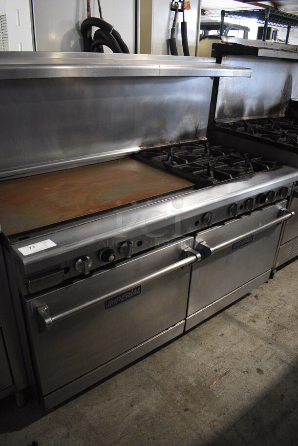 Imperial Stainless Steel Commercial Natural Gas Powered 4 Burner Range w/ Flat Top Griddle, 2 Ovens, Over Shelf and Back Splash. 60x32x55