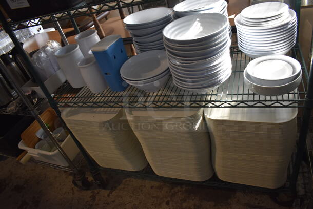 ALL ONE MONEY! Lot of Green Finish 4 Tier Shelving Unit on Commercial Casters w/ Contents Including 3 Bagel Cutters, Poly Bowls, Poly Trays, Ceramic Vases, Ceramic Plates. BUYER MUST DISMANTLE. PCI CANNOT DISMANTLE FOR SHIPPING. PLEASE CONSIDER FREIGHT CHARGES. 48x18x80.  - Image 3 of 12