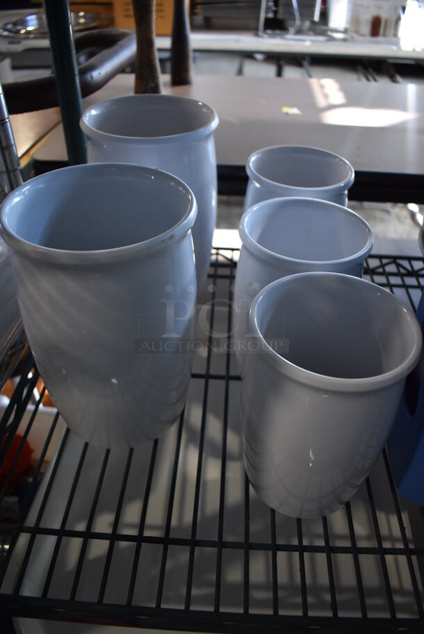 ALL ONE MONEY! Lot of Green Finish 4 Tier Shelving Unit on Commercial Casters w/ Contents Including 3 Bagel Cutters, Poly Bowls, Poly Trays, Ceramic Vases, Ceramic Plates. BUYER MUST DISMANTLE. PCI CANNOT DISMANTLE FOR SHIPPING. PLEASE CONSIDER FREIGHT CHARGES. 48x18x80.  - Image 5 of 12