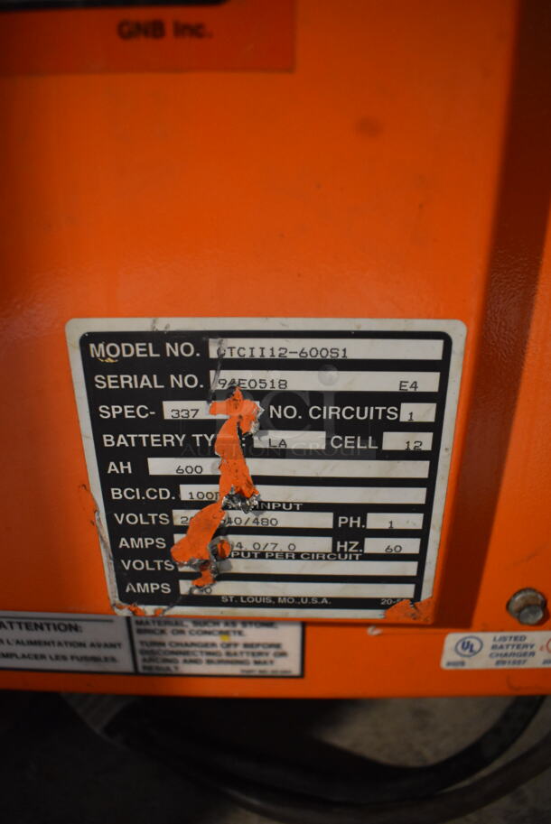 GNB OTC1112-600S1 Ferrocharger Industrial Battery Charger in Orange. 240 V/1 Phase.  - Image 6 of 6