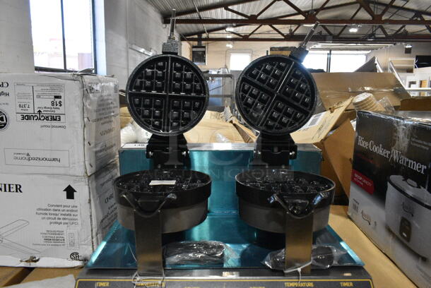BRAND NEW SCRATCH AND DENT! 2023 Carnival King 382WBM26 Stainless Steel Commercial Countertop Non-Stick Double Belgian Waffle Maker with Timers. 120 Volts, 1 Phase. See Pictures for Damage. Tested and Working! - Image 7 of 9