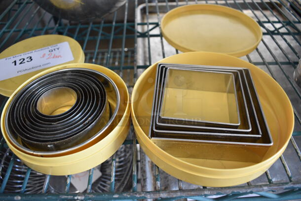 ALL ONE MONEY! Lot of 2 Yellow Containers w/ Metal Cutters. 5x5x1, 6.5x6.5x1