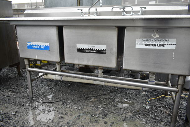 Stainless Steel Commercial 3 Bay Sink w/ Left Side Drain Board, 2 Faucets and 2 Handle Sets. Bays 20x28. Drain Boards 22x31 - Image 7 of 7