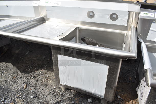 BRAND NEW SCRATCH AND DENT! Regency 600S1181818L 38 1/2" 16-Gauge Stainless Steel One Compartment Commercial Sink with Stainless Steel Legs and 1 Drainboard - 18" x 18" x 14" Bowl. No Legs.  - Image 3 of 6