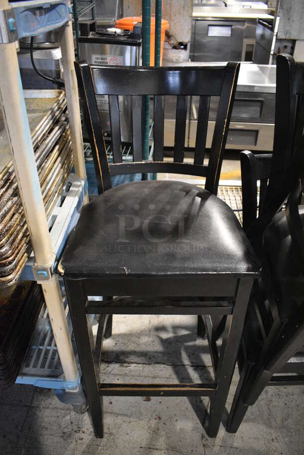 2 Black Wooden Bar Height Chairs w/ Black Seat Cushion. 17x17x44. 2 Times Your Bid!