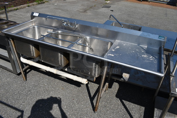 Stainless Steel Commercial 3 Bay Sink w/ Right Side Drain Board, Faucet, Handles and Spray Nozzle Attachment. 82x27x42.5. Bay s16x20x12. Drain Board 22x23x2