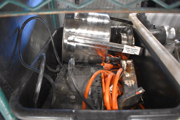 ALL ONE MONEY! Lot of Various Items Including Metal Meat Grinder Tray, Uninterruptible Power Supply and Extension Cord in Black Poly Bus Bin - Image 2 of 4