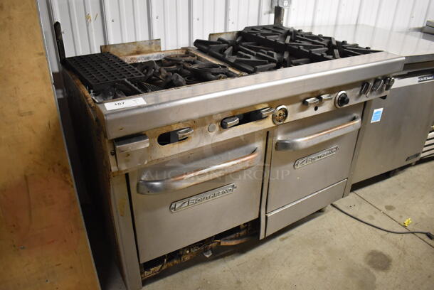 Southbend Stainless Steel Commercial Gas Powered Cooking Unit w/ 2 Ovens and Various Pieces. Missing Parts. 49x34x43 - Image 5 of 8
