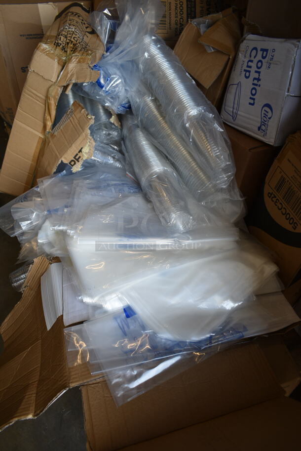 PALLET LOT of 15 BRAND NEW Boxes Including 500CC32P Choice Clear PET Plastic Cold Cup - 32 oz. - 500/Case, 130IC25PCL500 Choice 25 lb. Clear Plastic Ice Bag with Ice Print - 500/Case, Choice 25 lb Shorty Paper SOS Bag, 347RB12WHSLV White Bowl with Silver Lattice Design, Choice 0.75 oz Portion Cups, 500L1020WHT Travel Cups and Lids, 427TBBD4 Bolt Down Outdoor Table Base Plate. 15 Times Your Bid! - Image 2 of 12