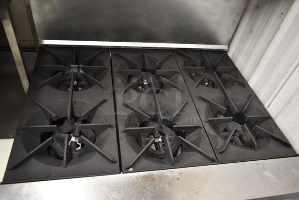 Garland SunFire SX-6-26 Stainless Steel Commercial Natural Gas Powered 6 Burner Range w/ Oven, Over Shelf and Back Splash.  - Image 2 of 7