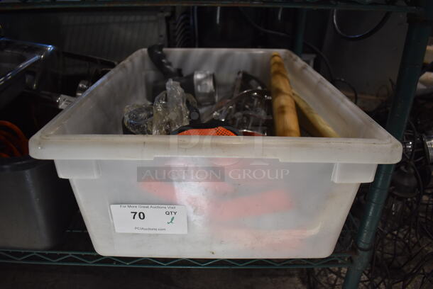 ALL ONE MONEY! Lot of Various Items Including Metal Ice Cream Machine Parts Including Auger and Drip Tray in White Poly Bin - Image 6 of 6