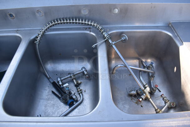 Stainless Steel Commercial 3 Bay Sink w/ Dual Drain Boards, Faucet, Handles and Spray Nozzle Attachment. 96x32x45. Bays 18x24x12. Drain Board 16x28x1 - Image 4 of 5