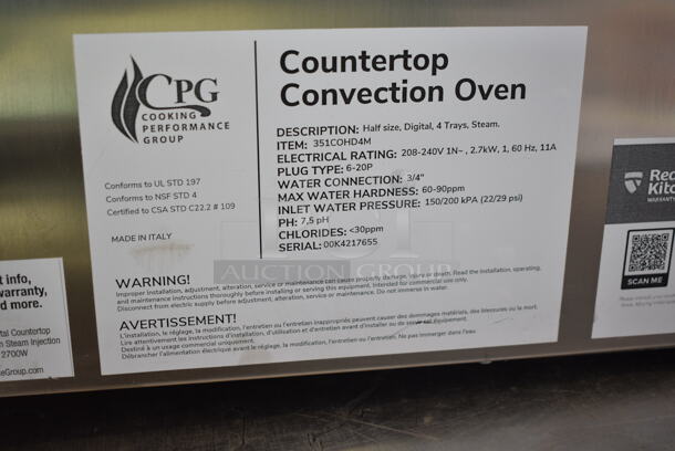 BRAND NEW SCRATCH AND DENT! Cooking Performance Group CPG 351COHD4M Stainless Steel Commercial Electric Digital Countertop 4 Tray Half Size Convection Oven with Steam Injection. See Pictures For Glass Damage. 208/240 Volts, 1 Phase. - Image 6 of 6