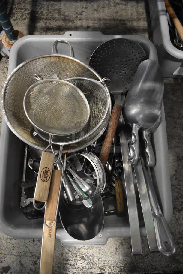 ALL ONE MONEY! Lot of Various Utensils Including Skimmers and Ladles in Gray Poly Bus Bin!