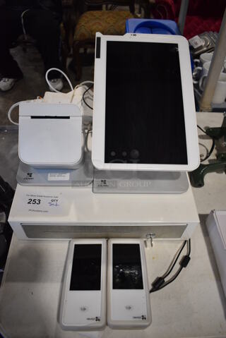 Clover Model C500 14" POS Monitor, Clover, Model P550 Receipt Printer, 2 Touch Pay Units and Metal Cash Register