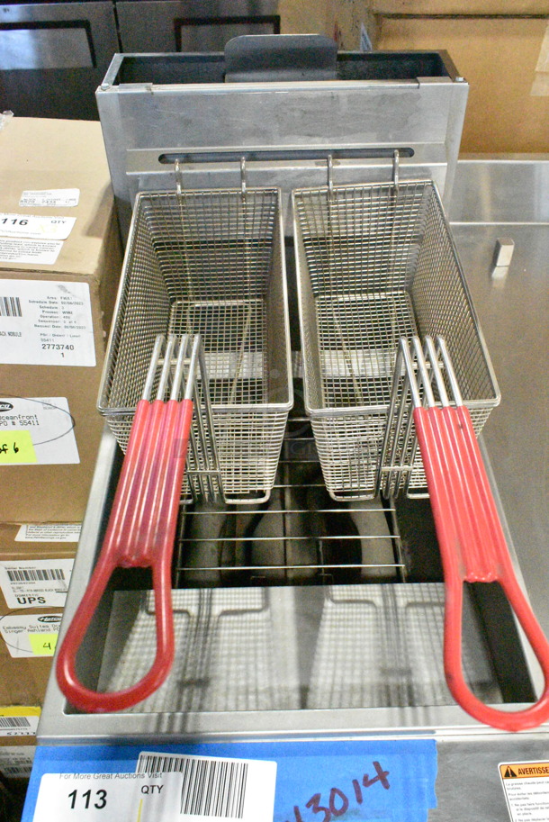 BRAND NEW! Vulcan 1VK45A-1 Stainless Steel Commercial Floor Style Natural Gas Powered Deep Fat Fryer w/ 2 Metal Fry Baskets on Commercial Casters. 70,000 BTU.  - Image 11 of 12