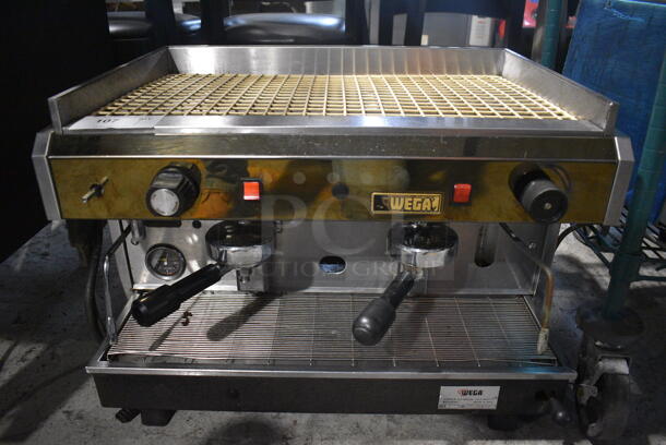 Wega Stainless Steel Commercial Countertop 2 Group Espresso Machine w/ 2 Portafilters and 2 Steam Wands. 115 Volts, 1 Phase. 28x20x19