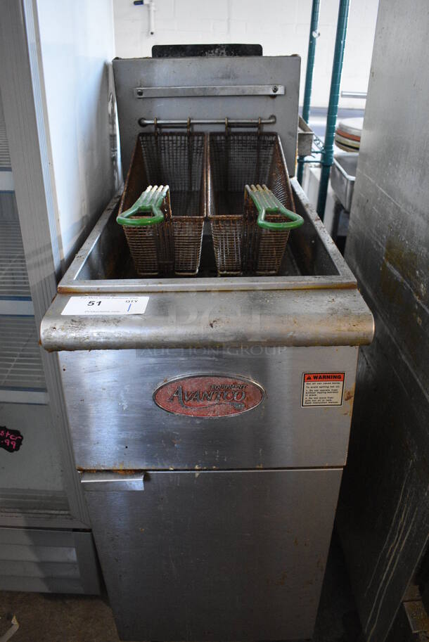 Avantco Model F3-N Stainless Steel Commercial Floor Style Deep Fat Fryer w/ 2 Metal Fry Baskets. 90,000 BTU. 15.5x30x49