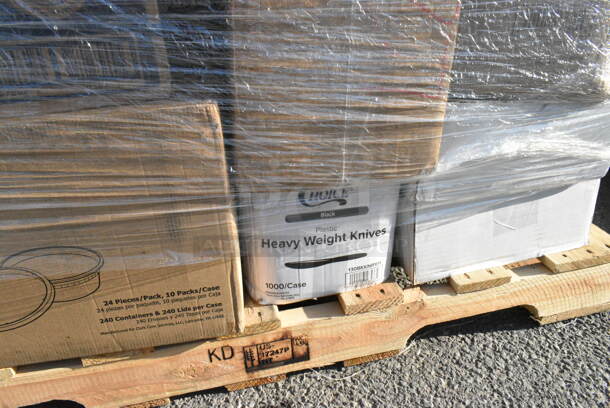 23 BRAND NEW Boxes Including 500MFT Lavex White M-Fold (Multifold) Towel - 4000/Case, 127PL400 Choice PET Plastic Lid for 3.25 to 5.5 oz. Souffle Cup / Portion Cup - 2500/Case, 760FF16 Choice 16 oz. French Fry Cup - 1000/Case, 128HD8COMBO Choice Heavy Duty 8 oz. Microwavable Translucent Plastic Deli Container and Lid Combo Pack - 240/Case, 130BKKNIFEH Choice Black Heavy Weight Plastic Knife - 1000/Case, 433CARRIER4 Choice Pulp Fiber 4 Cup Carrier - 300/Case, 128HD8COMBO Choice Heavy Duty 8 oz. Microwavable Translucent Plastic Deli Container and Lid Combo Pack - 240/Case, 2451282WBPBL Baker's Lane 12" x 8" x 2 1/4" Pink Auto-Popup Window Donut / Bakery Box - 200/Bundle, 5002TPJ Morcon Morsoft 2-Ply 625' Jumbo Toilet Paper Roll with 8 1/2" Diameter - 12/Case, 130IC8PCLW1M Choice 8 lb. Clear Wicketed Ice Bag with Ice Print - 1000/Case. 23 Times Your Bid!  - Image 8 of 12