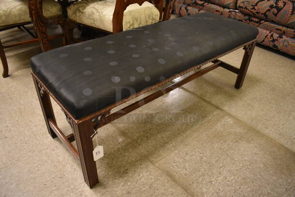 Ornate Indoor Hard Wood Bench w/ Black Seat Cushion. - Image 1 of 5