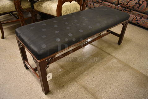 Ornate Indoor Hard Wood Bench w/ Black Seat Cushion.