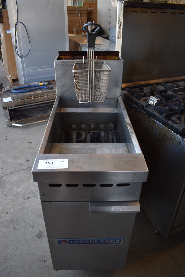 Baker's Pride Stainless Steel Commercial Floor Style Natural Gas Powered Deep Fat Fryer w/ 1 Metal Fry Basket on Commercial Casters. 15.5x33x46