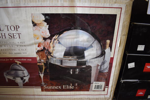 BRAND NEW IN BOX! Sunnex Stainless Steel Round roll Top Chafing Dish w/ Drop In. 20x18x18